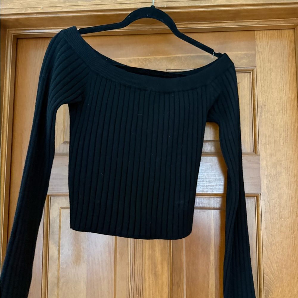 aerie Black Off-the-Shoulder Ribbed Knit Sweater